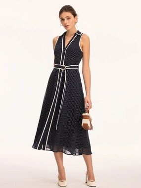 Commense Navy Polka Dot Sleeveless Midi Dress with White Trim (No belt)